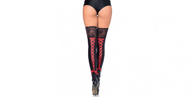 wetlook stockings with lace up at the back and a lace band at the top by Leg Avenue
